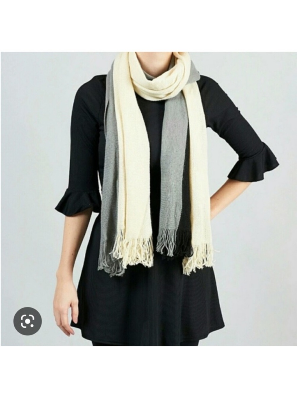 DONNI Tri-Color Knit Cream Black Gray Colorblock Fringe Scarf EUC